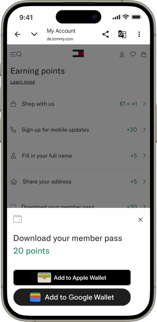 Tommy Together Member Pass download prompt showing a 20-point reward for adding the pass to digital wallets