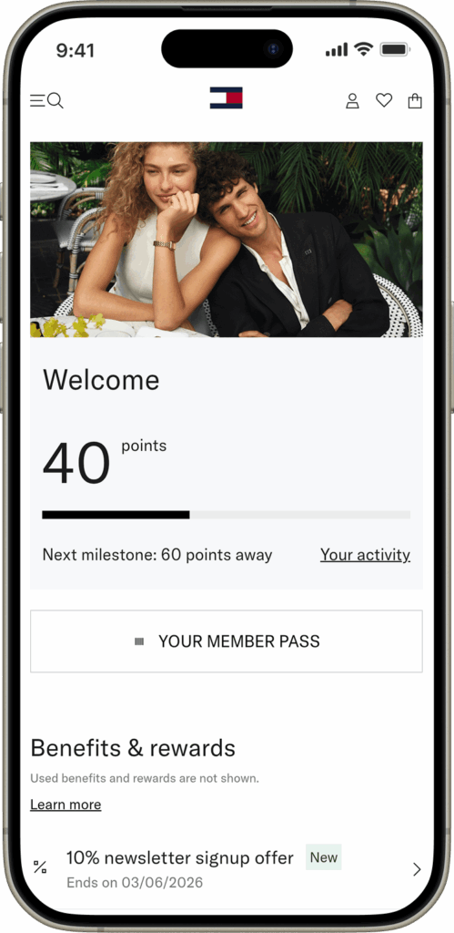 Tommy Together loyalty program member hub showing point progression