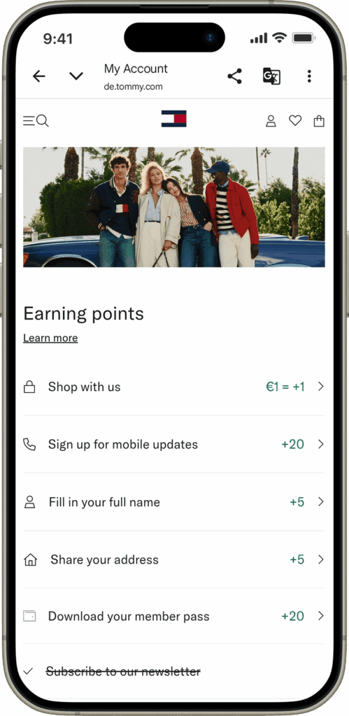 Tommy Together point earning screen showing different actions loyalty members can earn points with