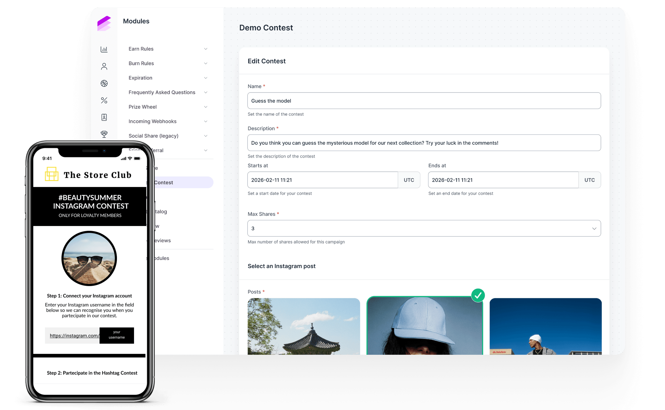 Antavo’s product image showcasing how the Instagram contest feature works and looks in action